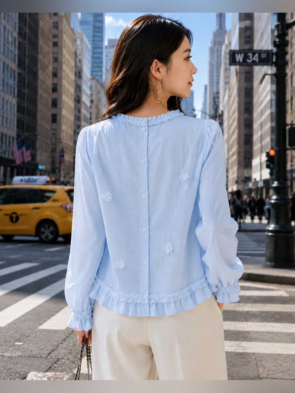 Astrid Feminine Baby Blue Ruffle Blouse Floral Appliqué Buttons in Back NWT